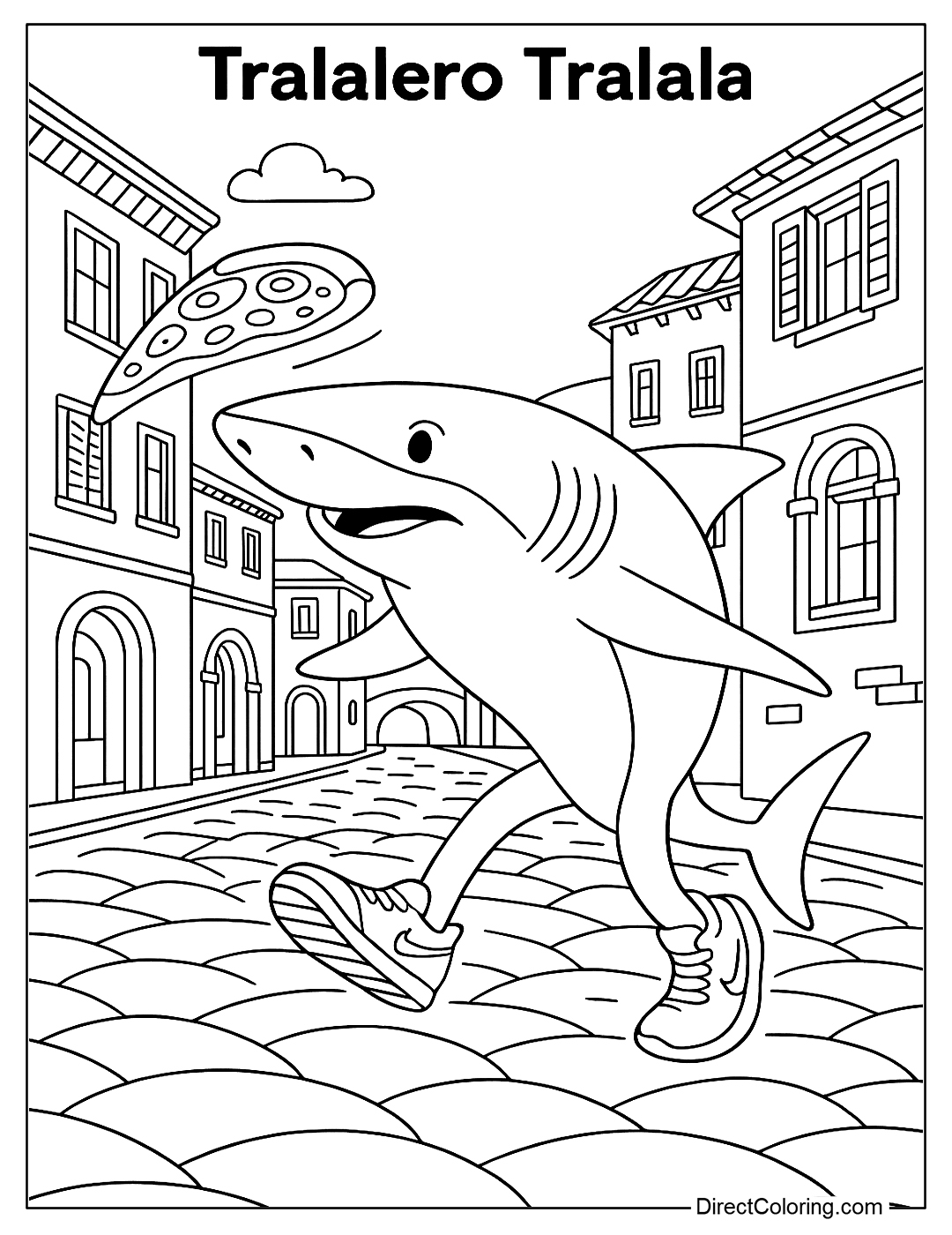 Tralalero Tralala Coloring Page Chasing a Flying Pizza in the Old Italian Street
